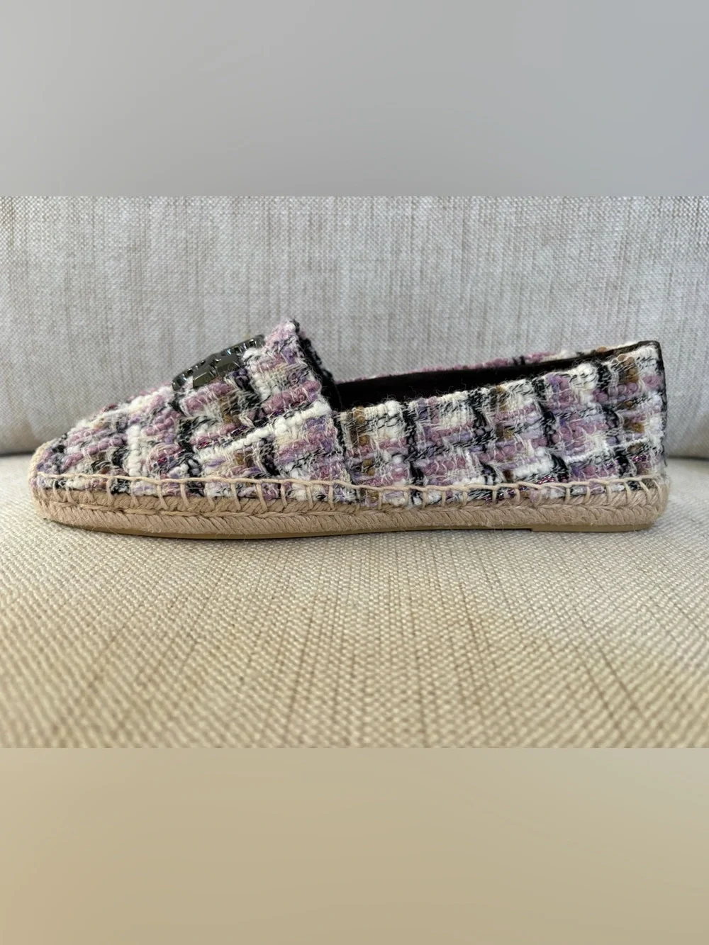 New TORY BURCH EVERLY TWEED ESPADRILLE BLACK WHITE PURPLE Size 8.5